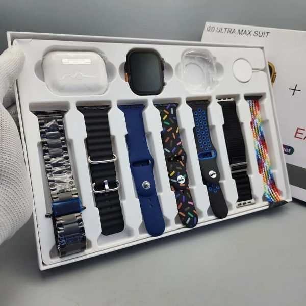 i20 Ultra Max Suit Smartwatch & Earbuds Combo | 10-in-1 Set with 7 Straps | Random Colors