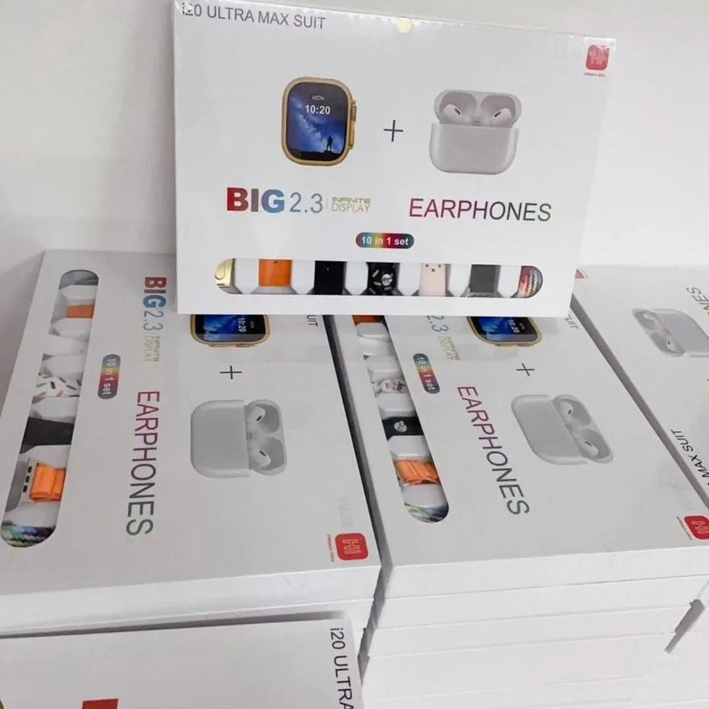 i20 Ultra Max Suit Smartwatch & Earbuds Combo | 10-in-1 Set with 7 Straps | Random Colors