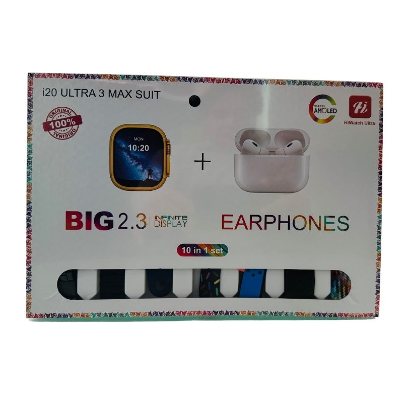 i20 Ultra Max Suit Smartwatch & Earbuds Combo | 10-in-1 Set with 7 Straps | Random Colors